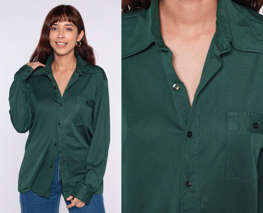 70s Joel Forest Green Button-Up Shirt Long Sleeve Chest Pocket Large