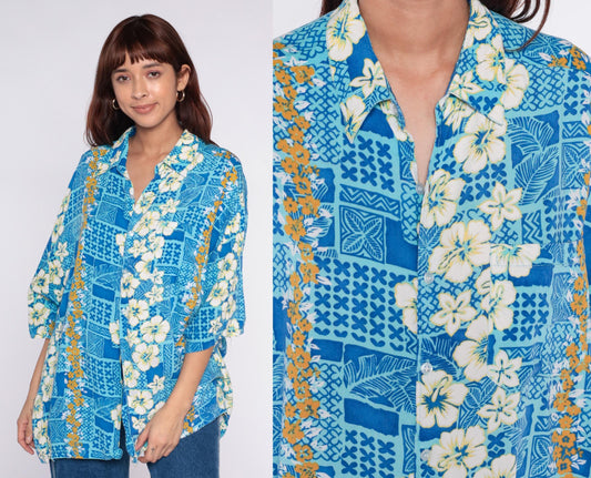 90s Hawaiian Shirt Blue Hibiscus Floral Geometric Print Unisex Extra Large XL