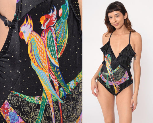 90s Gaviota Parrot Tropical One-Piece Swimsuit Black Polka Dot Medium