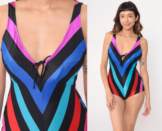 80s Cole of California Chevron Stripe One-Piece Swimsuit Black Rainbow Medium