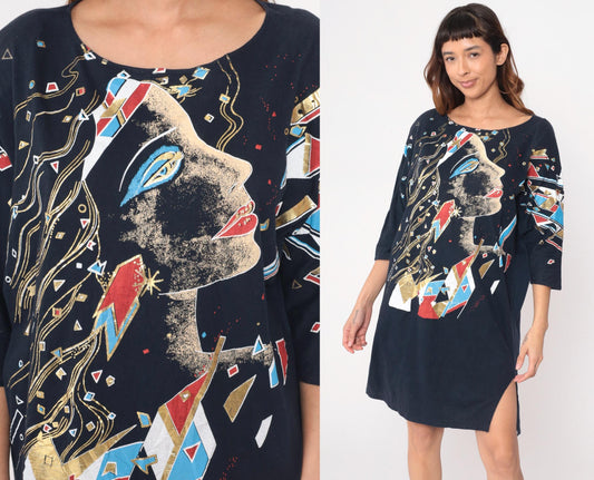 90s Abstract Face Graphic Shift Dress Black Cotton Knee-Length Medium M