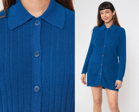 80s Andrea Jovine Blue Ribbed Cardigan Pointed Collar Pockets Large L