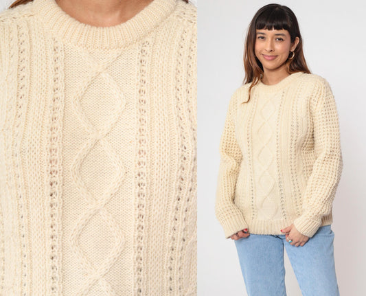 80s Falcarragh Cable Knit Wool Sweater Cream Aran Fisherman Small