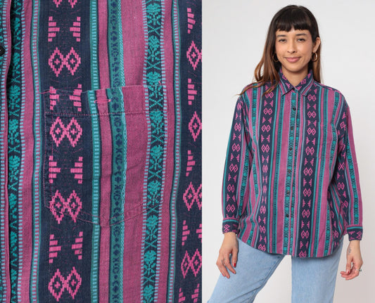 90s Southwestern Tribal Geometric Button-Up Shirt Purple Magenta Teal Large L