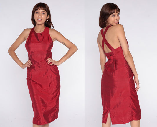 90s Crimson Halter Dress Cross-Back Knee Length Sleeveless Small