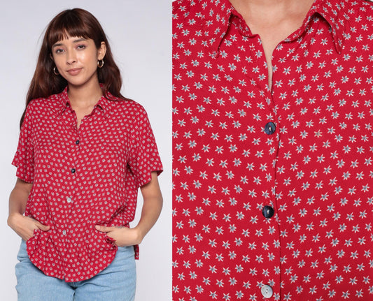 90s Clio Petites Red Floral Button-Down Shirt White Ditsy Print Large