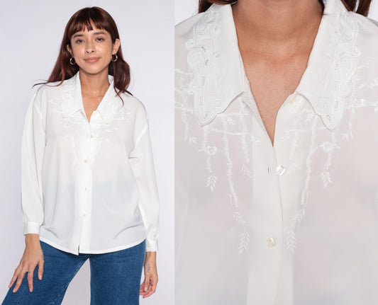 90s Embroidered Collar Blouse White Button Front Long Sleeve Medium