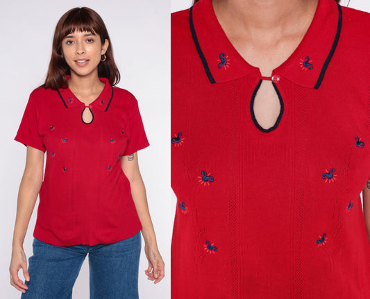 70s Lady Loana Red Polo Shirt Embroidered Flowers Keyhole Neckline Medium