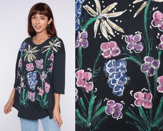 90s Baldot Hand-Painted Floral Black Cotton Tunic Medium M