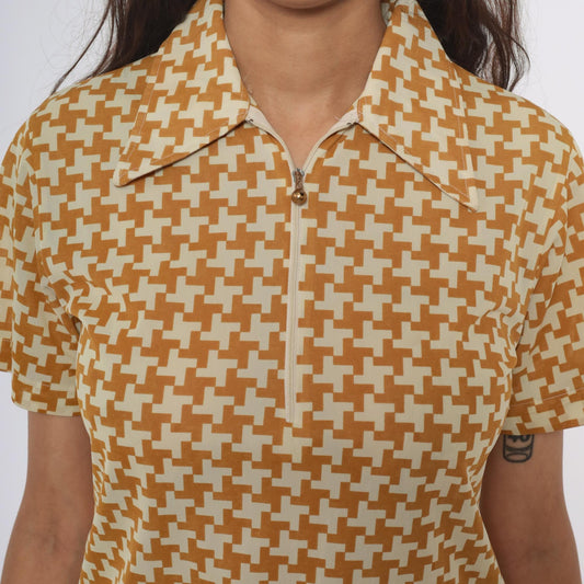 70s Houndstooth Polo Zip Front Collared Shirt Yellow Cream Geometric Extra Small