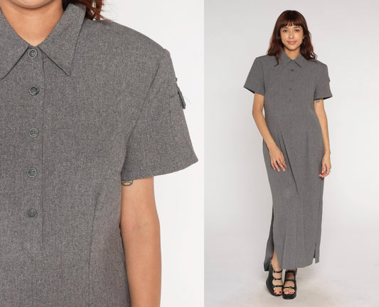 90s Grey Collared Shirt Dress Maxi Polyester Column Short Sleeve Large L