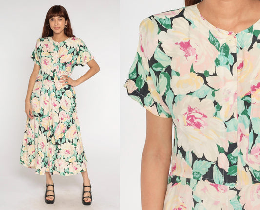 90s Carol Anderson Pastel Floral Maxi Dress Cream Pink Yellow Green Medium
