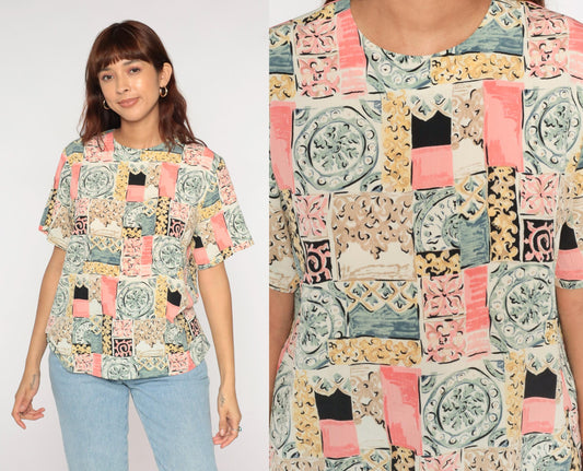 90s Patchwork Tile Print Blouse Pastel Geometric Short-Sleeve Large L