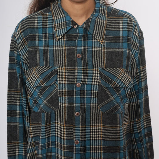 70s Towncraft Plaid Flannel Shirt Jacket Blue Grey Wool Large L