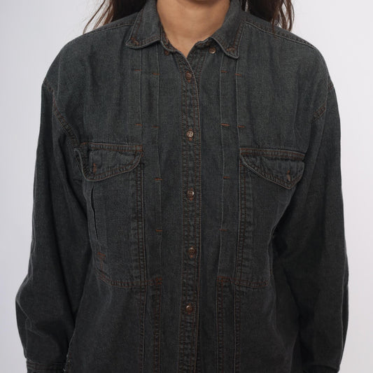 90s Changes Dark Grey Denim Shirt Jacket Cotton Button Front Small