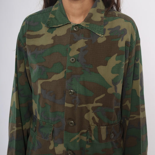 90s Woodland Camo Jacket Military Field Green Brown Utility Medium