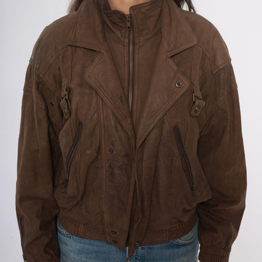 90s Wilsons Leather Brown Bomber Jacket Cropped Moto Zipper Small S