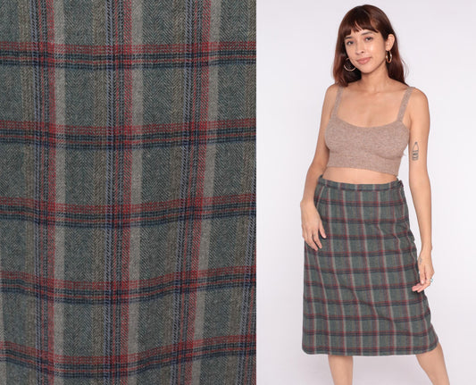 80s Pendleton Wool Plaid Skirt Green Grey Red Navy Herringbone Medium M