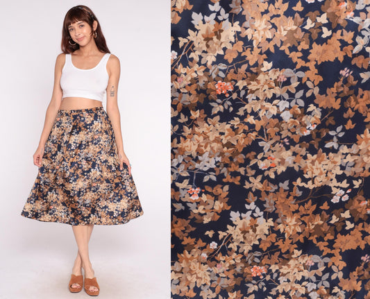 80s Navy Floral Midi Skirt Tie Waist A-Line Peach Tan Brown Large L