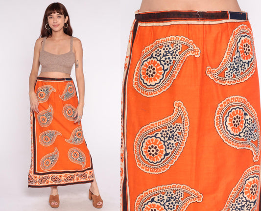 70s Orange Paisley Wrap Skirt Cream Border Print Tie Waist Large