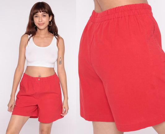90s Karen Scott Red Cotton Shorts High Waisted Elastic Waist Small