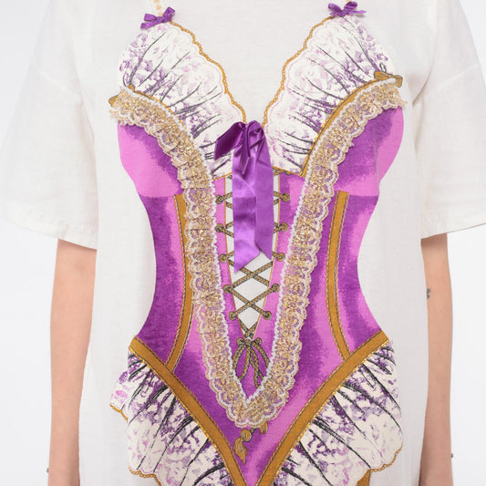 90s Heart To Heart Corset Print Nightshirt White Purple Graphic Sleep Tee One Size