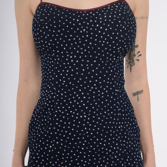 90s La Glo Dark Blue Mini Slip Dress Silver Glitter Dots Spaghetti Strap Small