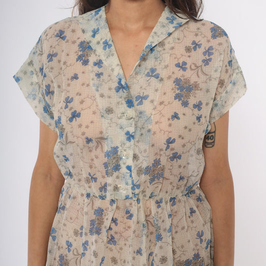 1950s Floral Dress Blue Cream Cottagecore Button Front Collar A-Line Mini Small