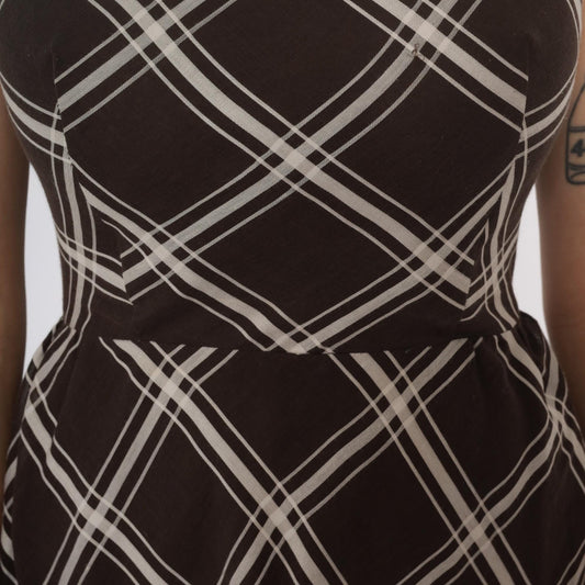 60s Brown White Windowpane Plaid A-Line Dress Sleeveless Boat Neck Small