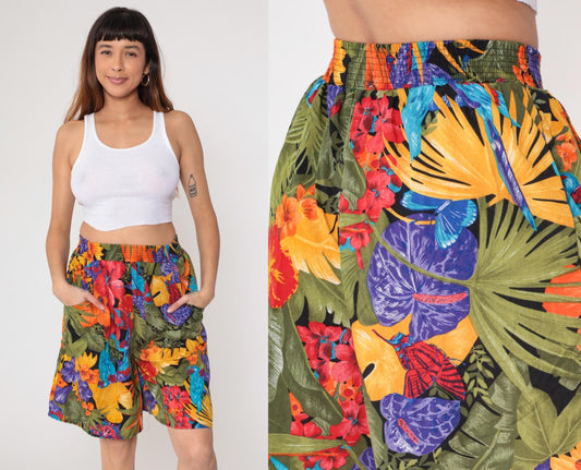 90s Connections Tropical Floral Shorts High Waist Botanical Print Medium M