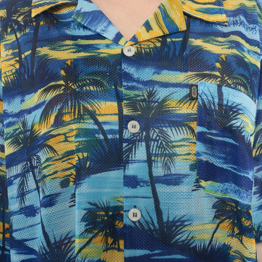 Y2K Pineapple Connection Hawaiian Shirt Blue Yellow Palm Tree Print Large L