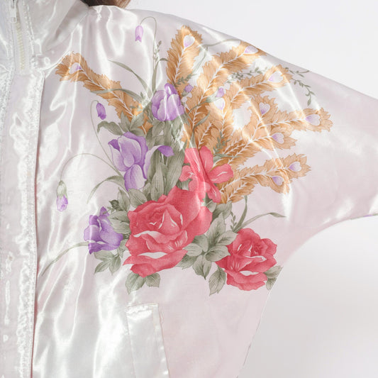 90s Floral Satin Bomber Jacket White Pink Rose Purple Wheat Zip Medium