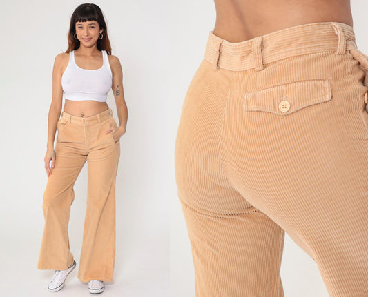 80s A Smile Inc Corduroy Bell Bottom Pants Beige High Waist Small