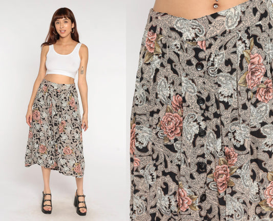 90s Melrose Floral Paisley Midi Skirt Black Pink Elastic Waist Large