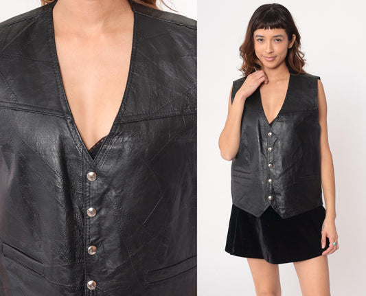 90s Black Leather Vest Button Front V-Neck Sleeveless Large L