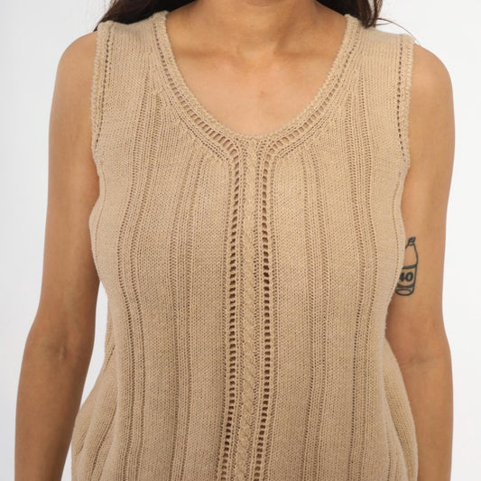 90s Crystal Cream Knit Tank V-Neck Cable Pointelle Cropped Medium M