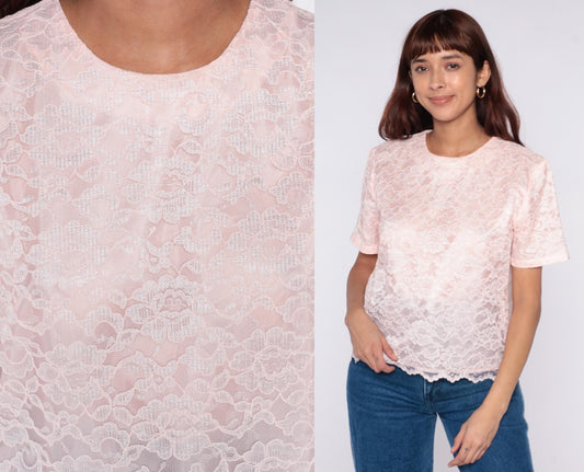 80s Appleseed's Pink Lace Blouse White Floral Scalloped Keyhole Back Medium M