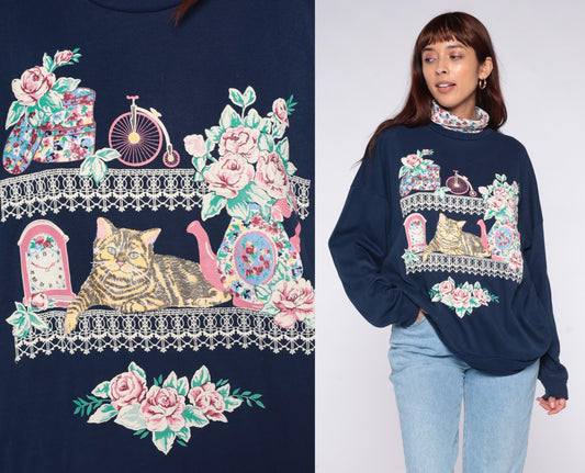 90s Act 3 Cat Sweatshirt Navy Blue Floral Turtleneck Graphic Extra Large XXL