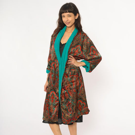 80s Paisley Terrycloth Robe Turquoise Orange Black Lace Trim Knee Length Large