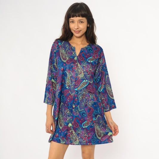 80s Paisley Shift Dress V-Neck Three-Quarter Sleeve Knee Length Large L