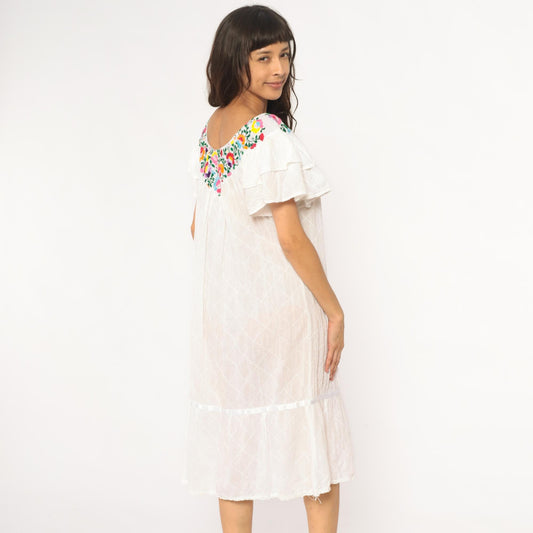 80s Mexican Embroidered White Cotton Midi Dress Floral Flutter Sleeve Small