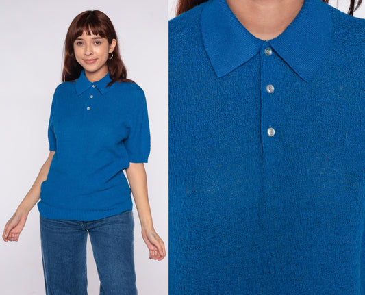 70s Wintuk Continental Blue Polo Shirt Ribbed Knit Small