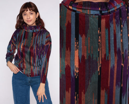 90s Southwestern Ikat Stripe Funnel Neck Blouse Purple Teal Small S