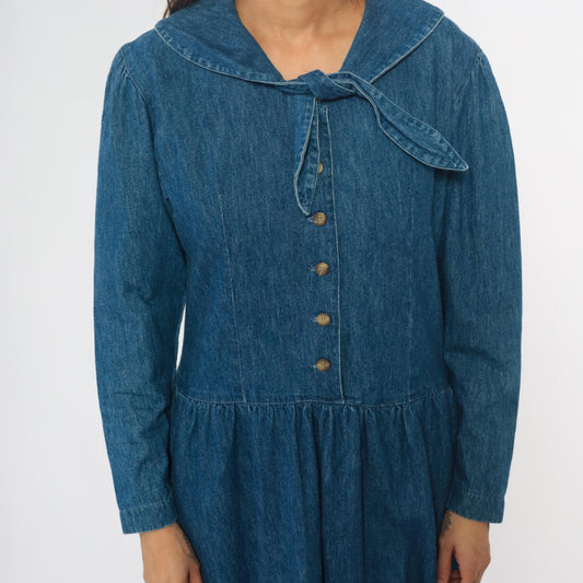 90s All Week Long Denim Shirtdress Blue Cotton Peter Pan Collar Medium