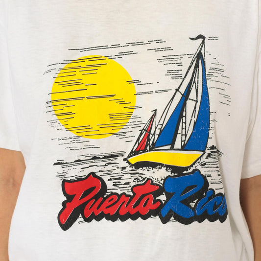 90s Puerto Rico Sailboat Graphic T-Shirt White Cotton Crew Neck Large