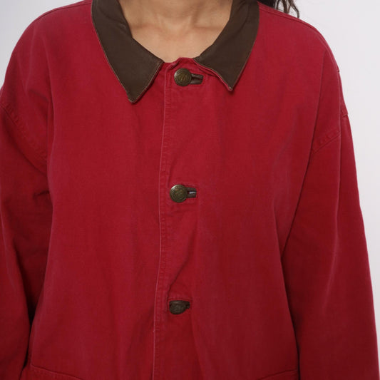 90s Marlboro Red Cotton Barn Jacket Leather Collar Workwear Extra Large XL