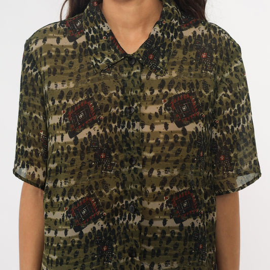 90s Olive Green Leopard Spot Button-Up Blouse Geometric Print Extra Large XL