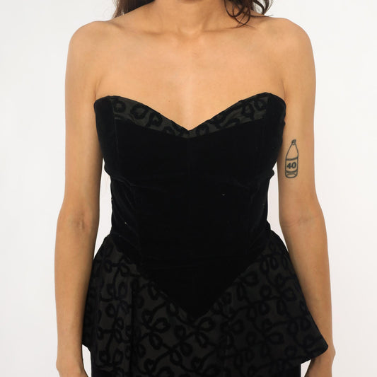 90s Milarzo Black Velvet Strapless Dress Sweetheart Neckline Peplum Extra Small XS