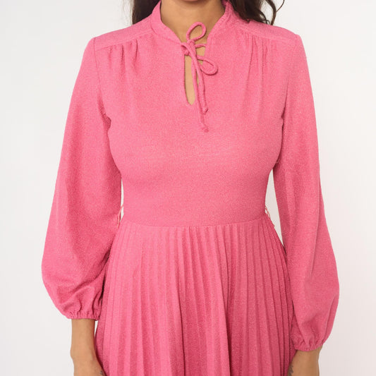70s Hot Pink Midi Dress Mock Neck Pleated Skirt Bishop Sleeve Extra Small XS