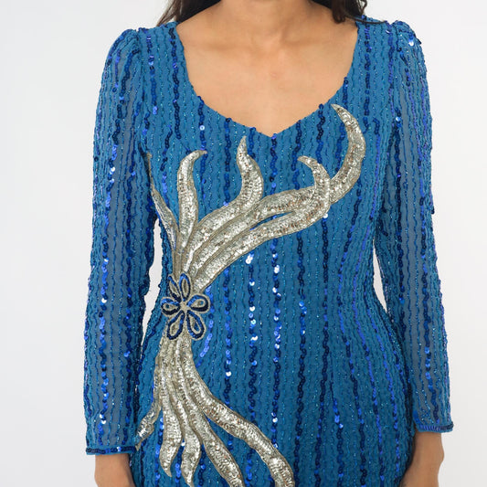 80s Blue Sequin Maxi Dress Long Sleeve V-Neck Silver Motif Small Medium